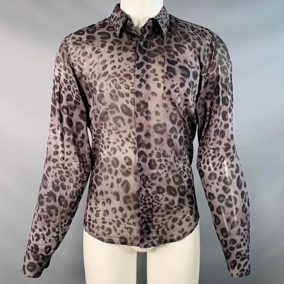 DRIES VAN NOTEN Size 40 Black Charcoal Animal Print Cotton Long Sleeve Shirt - Picture 1 of 6